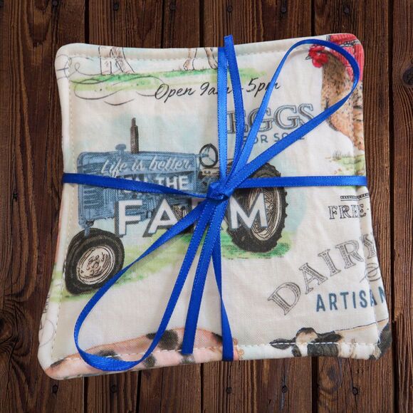Fabric Coasters, Set Of 4, Farm Animal Reversible Country Floral Mug Rugs - Picture 1 of 9